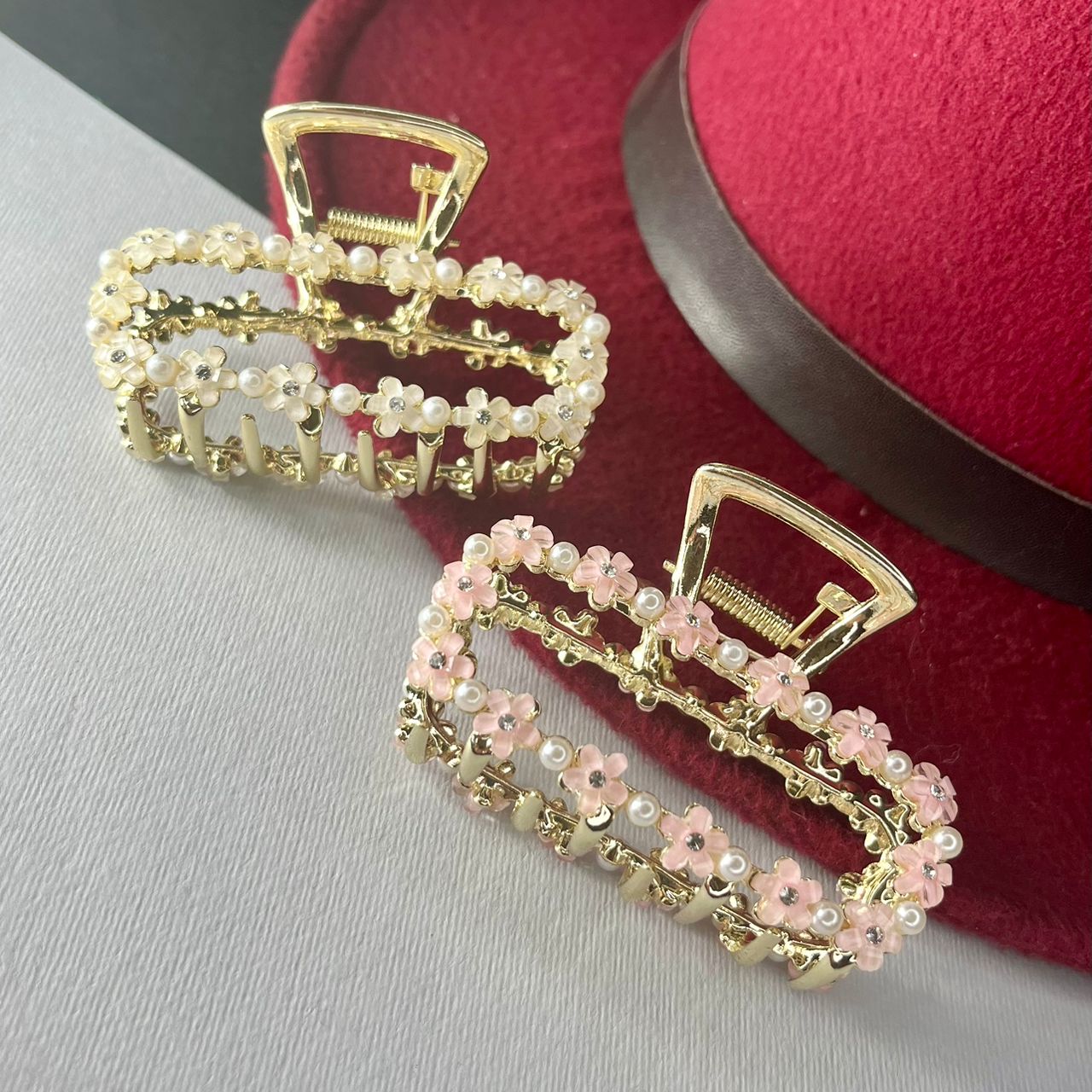 کلیپس اعلا برند نگینی با طرح گل | وارداتی | صورتی و سفید